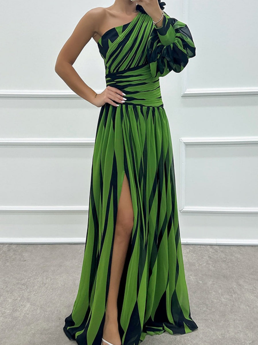 Color-blocked Printed Sloping Shoulders Slit Formal Dress Maxi Dresses