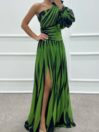 Color-blocked Printed Sloping Shoulders Slit Formal Dress Maxi Dresses