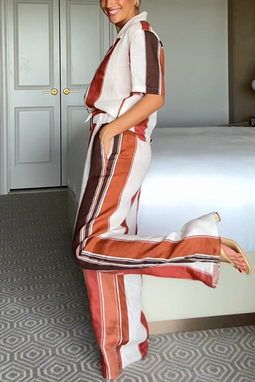 Striped Short Sleeves Button Down Shirt Wide Leg Pants Set