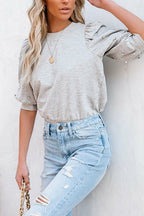 Crewneck Rhinestone Bubble Half Sleeves Pullover Top