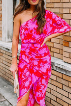 One Shoulder Waisted Ruched Floral Dress