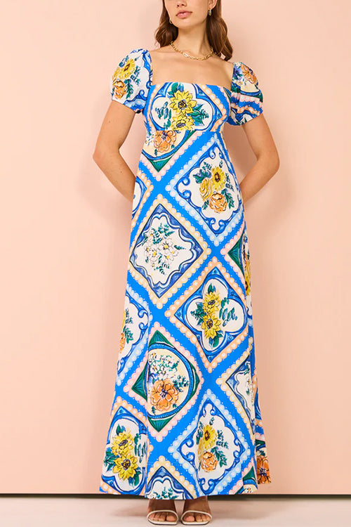 Square Collar Puff Sleeves High Waist Floral Print Maxi Dress