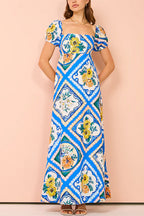 Square Collar Puff Sleeves High Waist Floral Print Maxi Dress