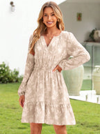 V-neck, Jacquard, Elastic Waist, Full Skirt, Long Sleeves, Ruffled Hem Short Dress