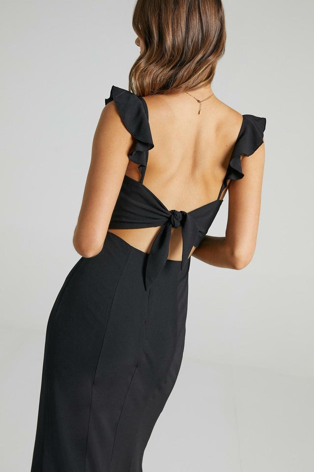 Deep V-Neck Ruffle Strap Thigh Slit Floor Length Maxi Dress