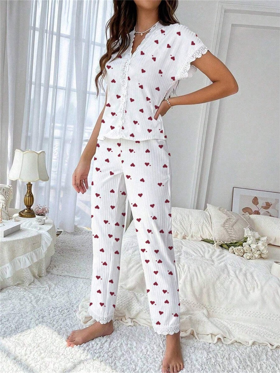Cherry Print Water-soluble Embroidered Trim Short-sleeved Trousers Set That Can Be Worn As Loungewear