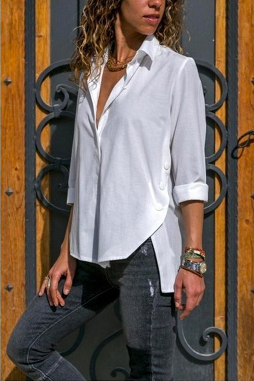 Side Buttons Long Sleeves Irregular Hem Blouse Shirt