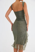 Sleeveless Ruffle High Low Hem Ruched Bodycon Dress