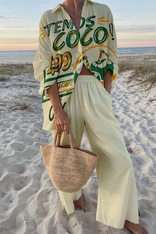 Long Sleeves Button Up Shirt Wide Leg Pants Printed Holiday Set