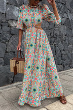 Puff Sleeves Backless Lace-up Printed Maxi Vacation Dress