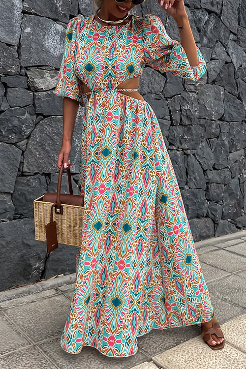 Puff Sleeves Backless Lace-up Printed Maxi Vacation Dress