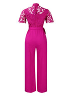 Lace Trim Hollow Short Sleeve Bandage High Waist Wide Leg Jumpsuits