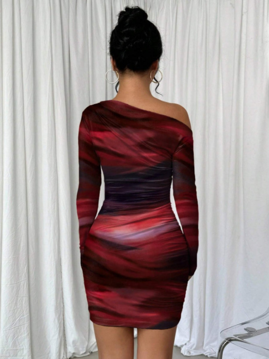 Pleated Slim-fit Hip-hugging Slant Collar Printed Mini&Short Dresses