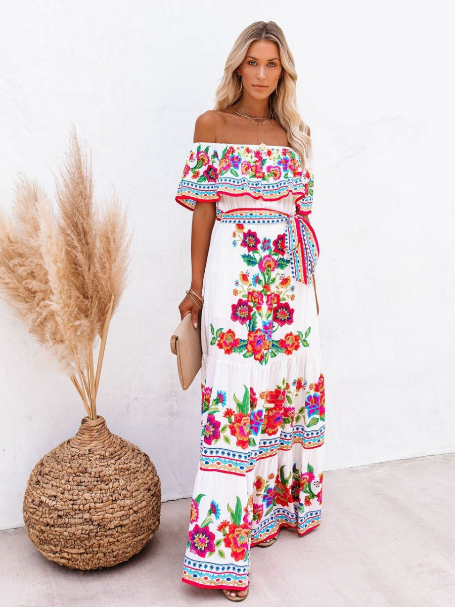 Off-the-shoulder Red Floral Print Maxi Dress