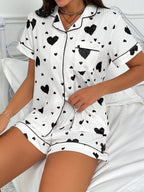 Heart-print Cardigan With Collar And Button-down Short Sleeves And Shorts, Two-piece Loungewear Set