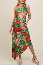 One Shoulder Cut Out Asymmetric Hem Floral Print Pleated Maxi Dress