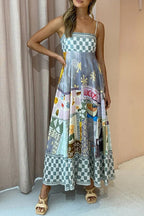 Spaghetti Strap Square Neck Botanical Fruit Print Scalloped Hem Midi Dress