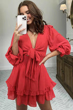 Tie Front Puff Sleeve Smocked Waist Tiered Ruffle Mini Set