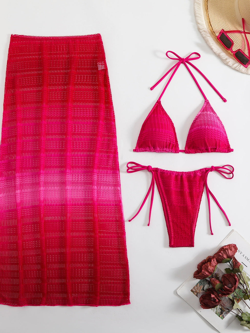 Gradient Mesh Bikini Beach Maxi Dress Three-piece Set