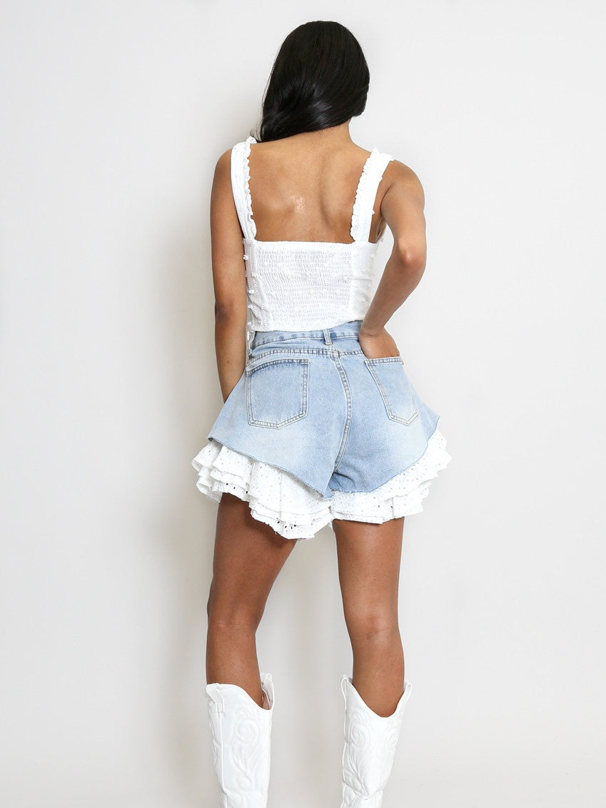 Straight-leg Patchwork Lace Denim Shorts