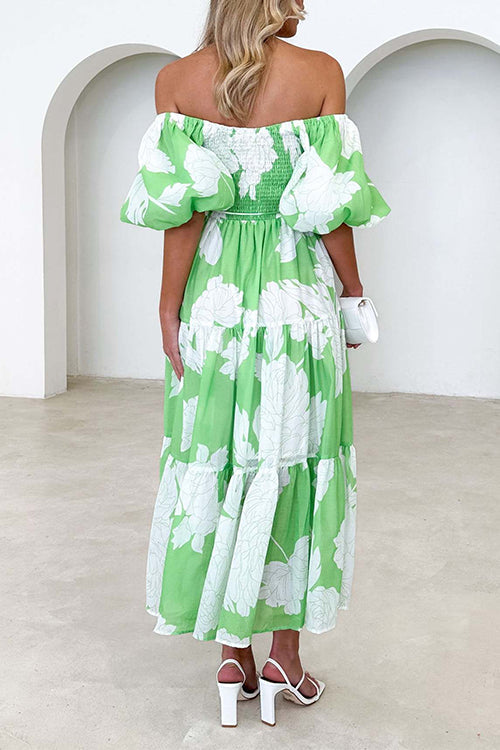 Off Shoulder Puff Sleeves Tiered Printed Midi Swing Dress