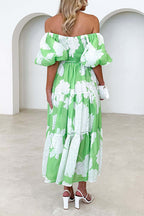 Off Shoulder Puff Sleeves Tiered Printed Midi Swing Dress