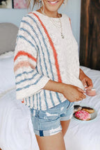 3/4 Sleeve Crewneck Striped Sweater