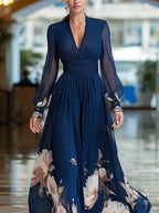 Mesh-paneled Fitted Floral Print Long Dress