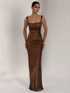 Dark Brown Satin Square Collar Pleated Maxi Dresses