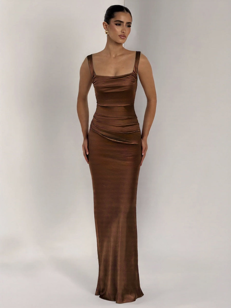 Dark Brown Satin Square Collar Pleated Maxi Dresses