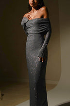 Off Shoulder Long Sleeves Sparkly Maxi Party Dress