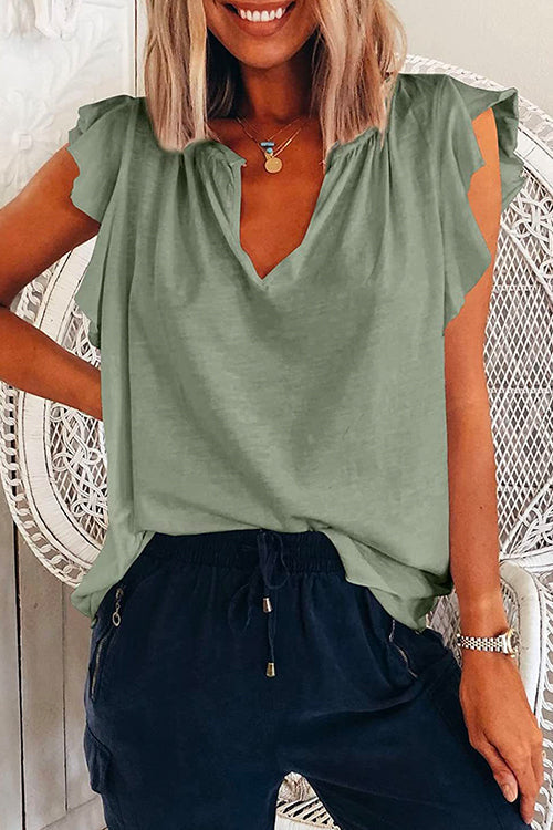 V Neck Solid Ruffle T-shirt