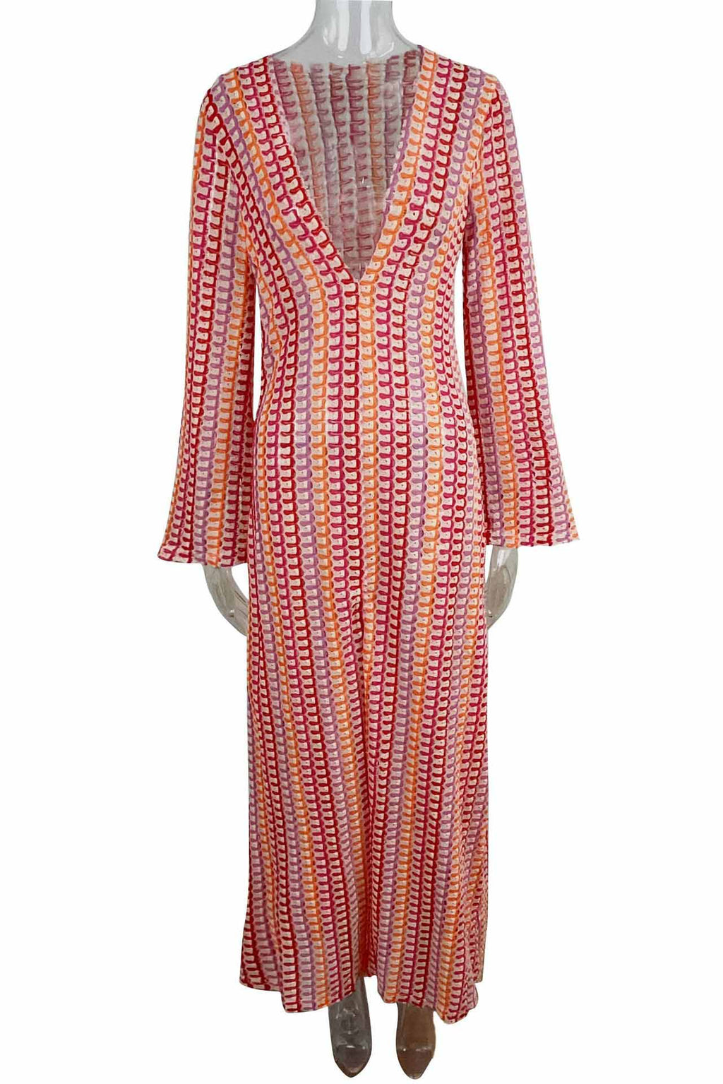 Pilar Chic Boho V Neck Bell Sleeve Maxi Dress, Wavy Striped Crochet Beach Holiday Dress Evening Wear Edit