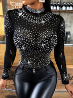 Black Hot Diamond Mesh Crew Neck T-shirts