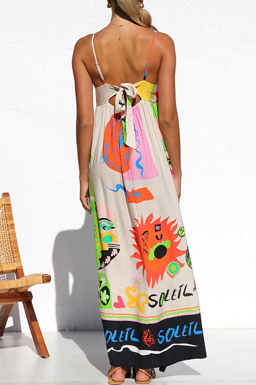 Tie Back Cut Out Graffiti Print Flowy Maxi Cami Dress
