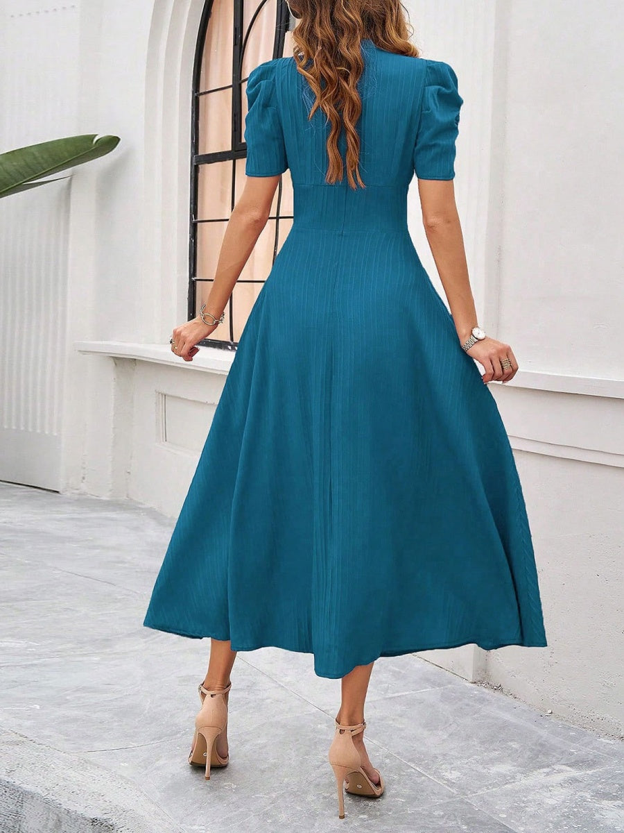 Pleated Waist Short Sleeve Maxi Dresses