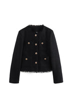 Button Up Frayed Hem Short Tweed Jacket
