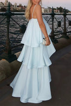 Adjustable Strap Ruffle Layered Satin Maxi Dress