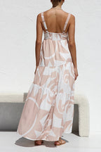 Adjustable Strap Waisted Soleil Print Ruffle Maxi Dress