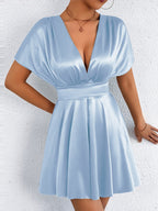 V-neck, Fitted Waist, Zippered, Glossy Short Dress