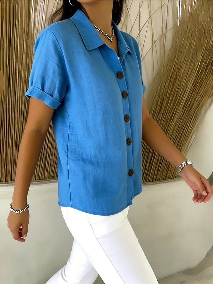 Button-up Cotton Linen Solid Color Short-sleeved T-shirt