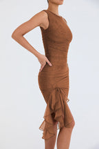 Crew Neck Ruched Mesh Bodycon High Slit Tiered Ruffle Hem Midi Dress