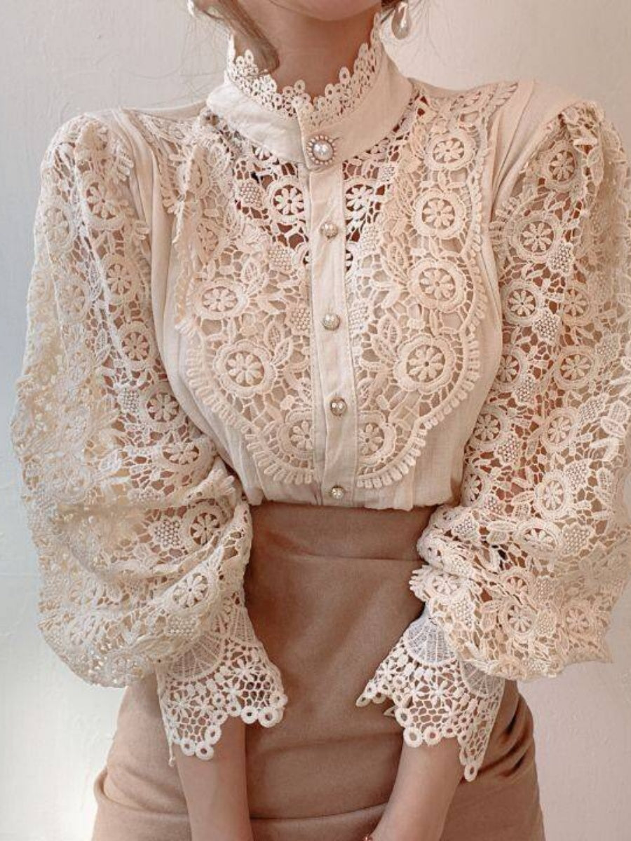 Button-up Lace Openwork Floral Patchwork Shirt