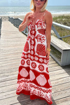 Spaghetti Strap Lace Up Shell Print Maxi Vacation Dress