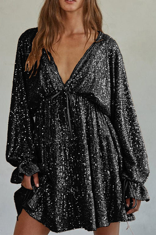 V Neck Balloon Sleeves Backless Drawstring Sequin Dress(in 4 Colors)