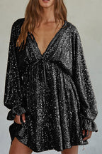V Neck Balloon Sleeves Backless Drawstring Sequin Dress(in 4 Colors)