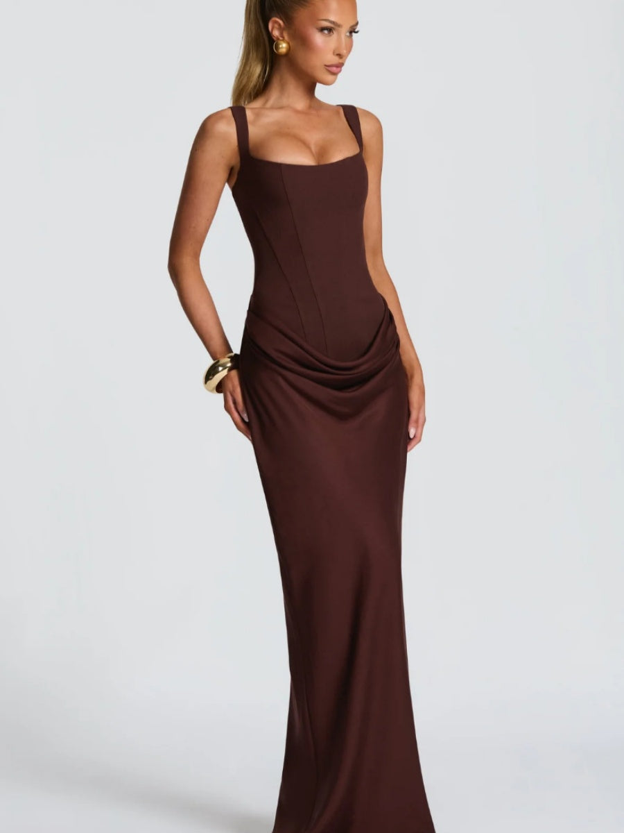 Fish Bones Waist Corset Pleated Camisoles Sleeveless Hip-hugging Maxi Dresses