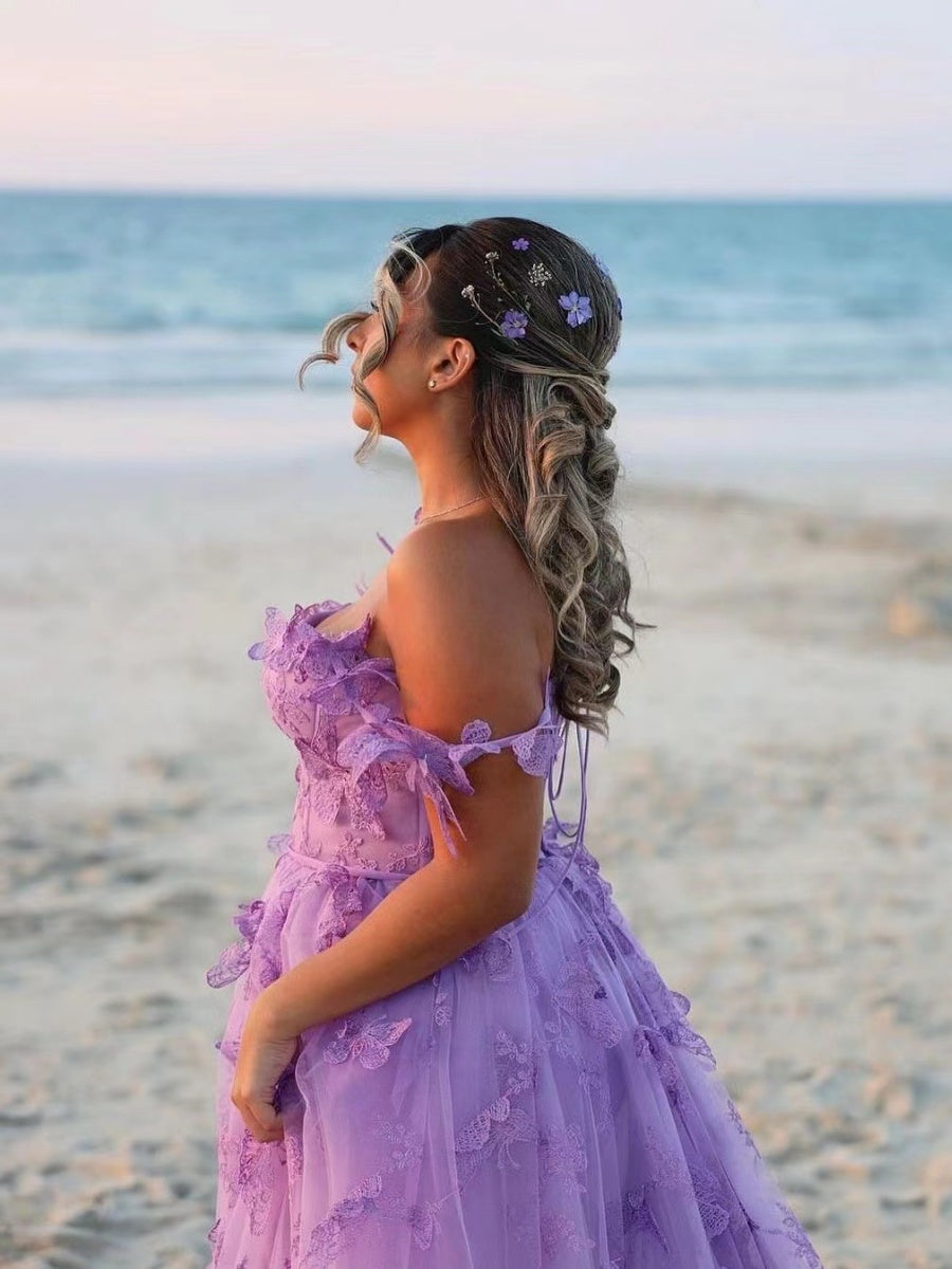 Sleeveless High-slit 3D Floral Purple Midi Dress