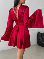 V-neck Long Sleeve Flared Sleeves Mini&Short Dresses