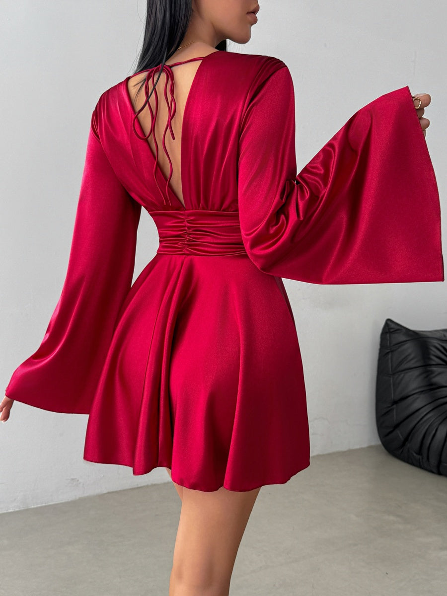 V-neck Long Sleeve Flared Sleeves Mini&Short Dresses